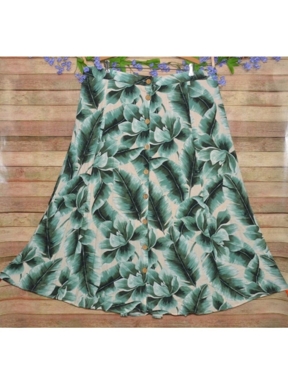 Cato Midi Skirt Button Front Plus 22W 24W Green Tropical Palm Print Resort Beach